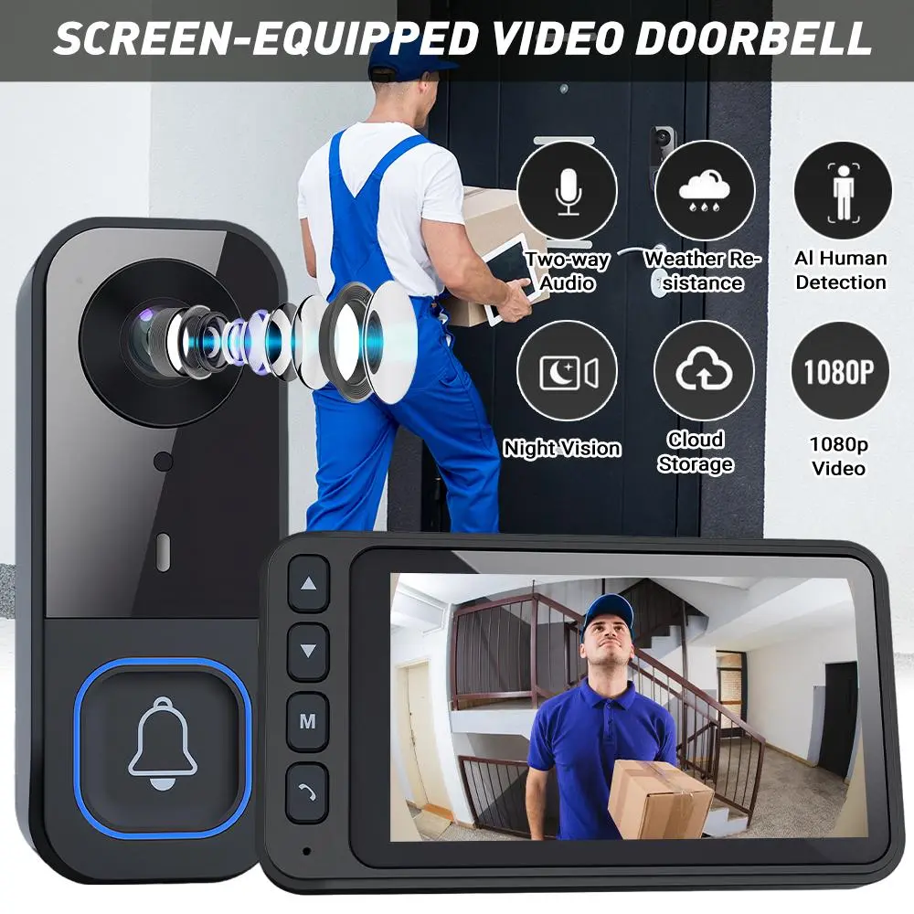【DealsForYouDays】Wireless Smart Doorbell Camera with 4.3" IPS HD Monitor Screen, HD Night Vision, 2-Way Intercom, Outdoor Waterproof Home Security System, Two Way Intercom