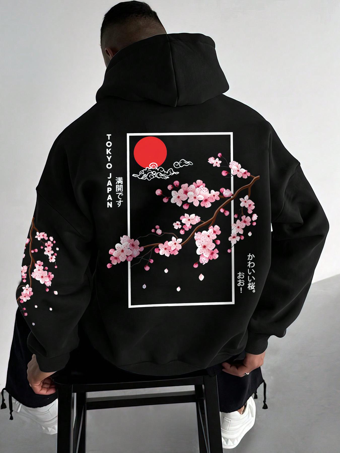 Men's Floral Print Drop Shoulder Thermal Lined Hoodie, Floral Hoodies, Fashion Casual Regular Fit Drawstring Pocket Hooded Sweatshirt, Casual Streetwear Sweatshirt for Daily Holiday Outdoor Wear, Men Clothes for Fall & Winter