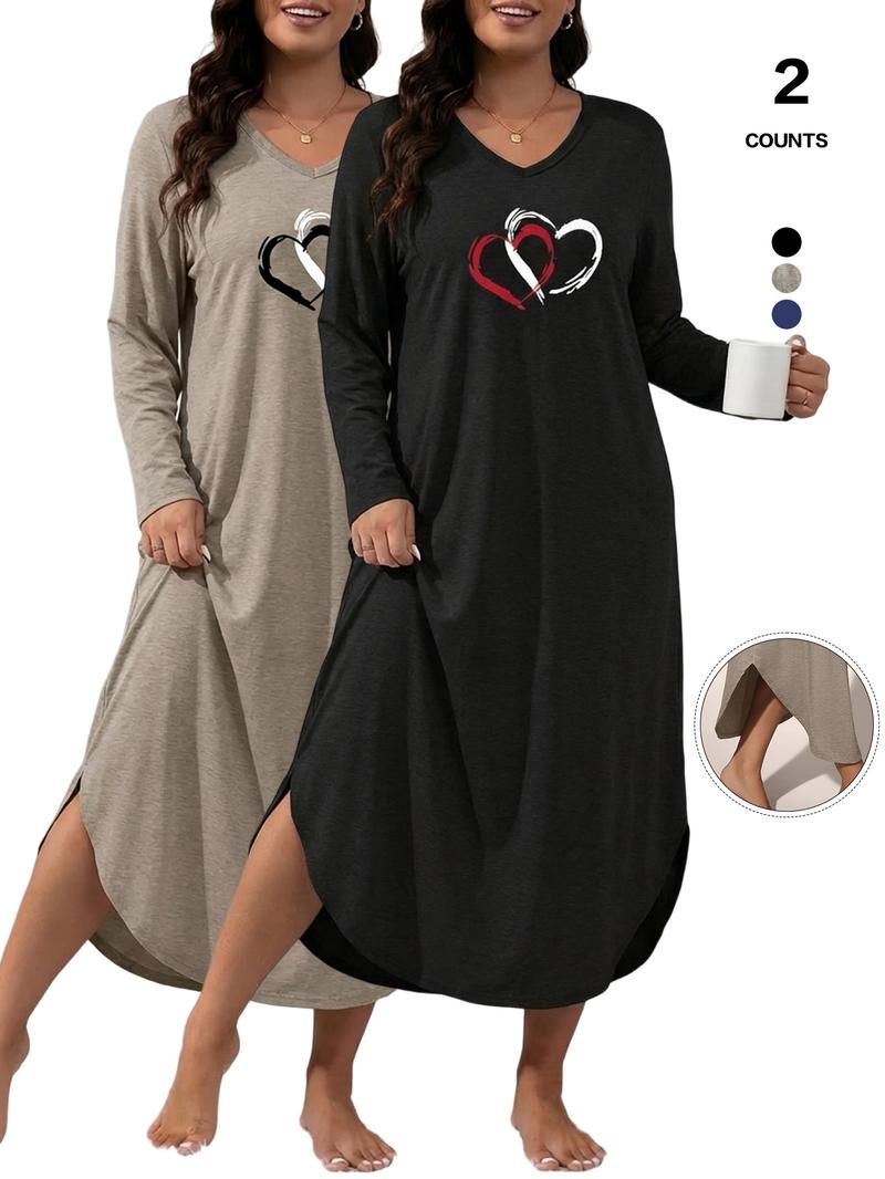 Women's V-Neck Long Sleeve Nightgown, Soft Casual Loungewear Dress with Pockets, Heart Print Sleepwear, Loose-Fitting, All Seasons