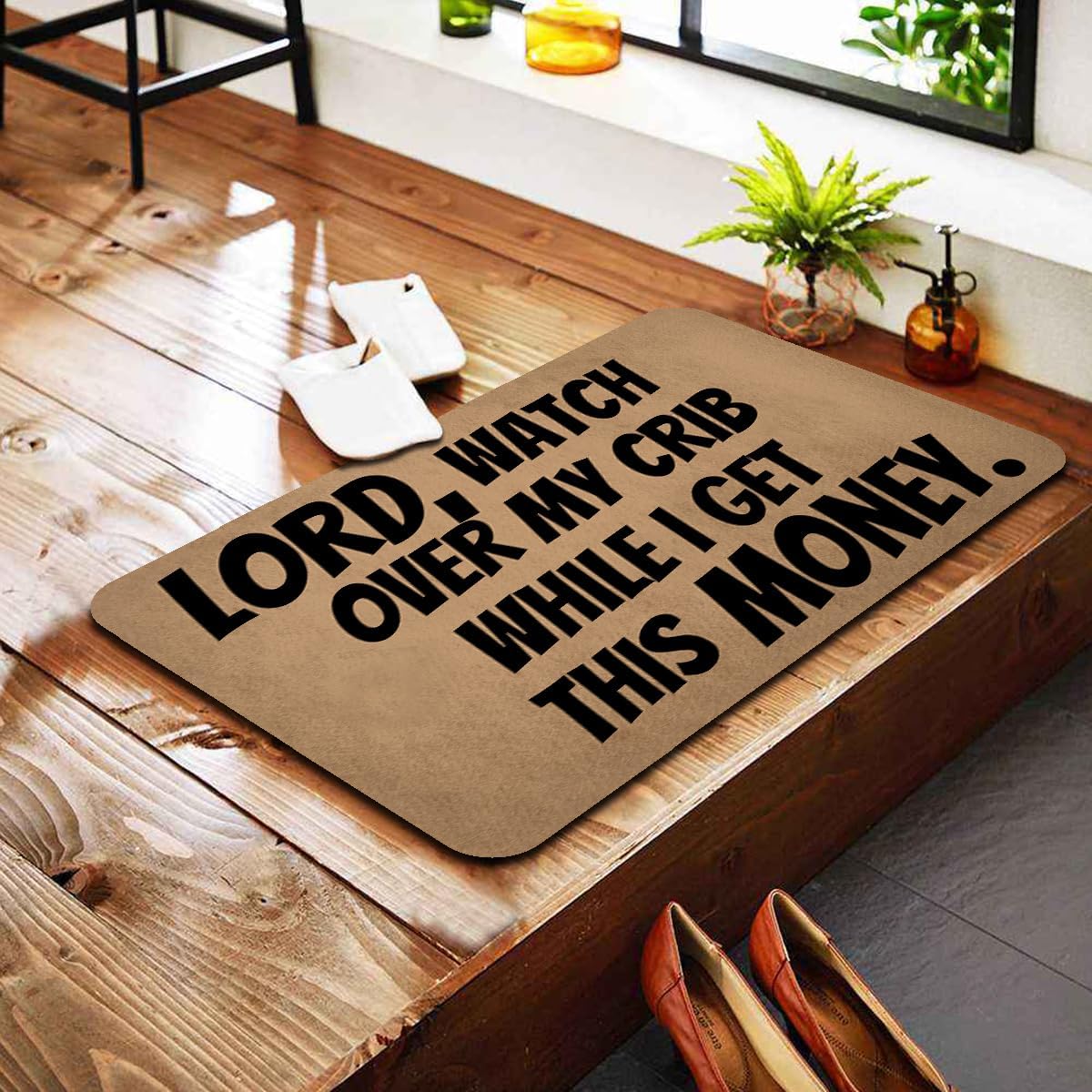 Rustic 1-Piece Entryway Rust Rug, Funny Hustle Quote Anti-Slip Absorbent Doormat - Vintage Text Print "Lord Watch Over My Crib While I Get This Money" for Blue Collar Men, One-Piece