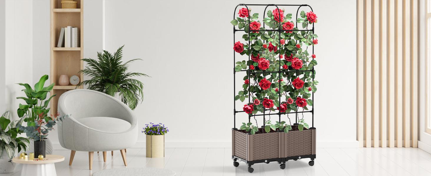Lilypelle Raised Garden Bed Planter Boxes with Trellis, Gardening System-Self Watering Planter with Wheels, Plants Outdoor and Indoor Tomato Cage for Climbing Vegetables Plants & Herbs & Flowers summergarden
