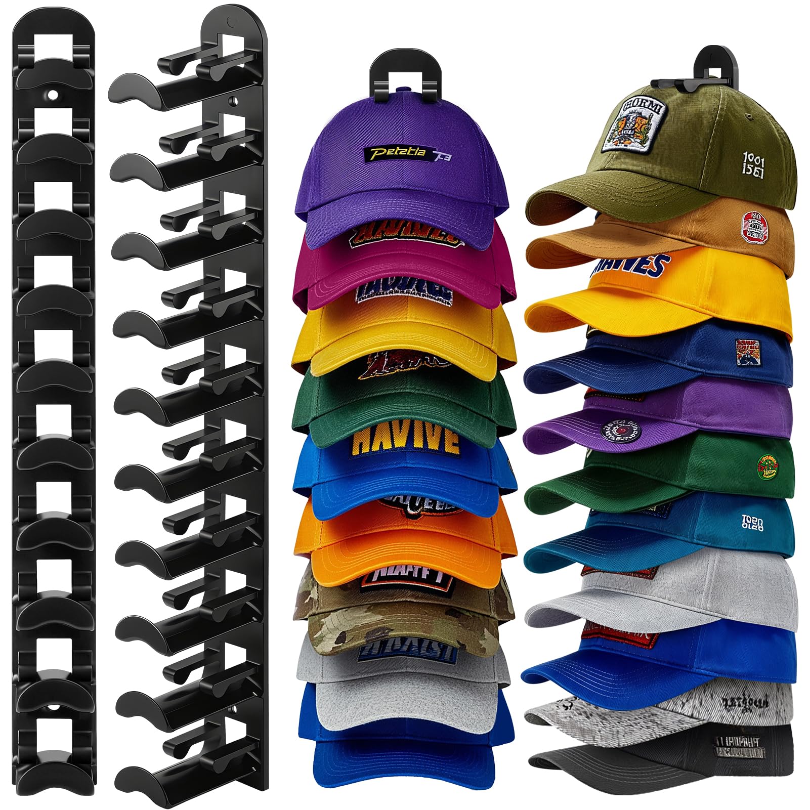 Multi-Piece Baseball Cap Storage Rack, Wall-Mounted Hat Hanger Holder Holds 20 Hats, Includes Strong Adhesive & Screws, Ideal for Door, Closet, Bedroom