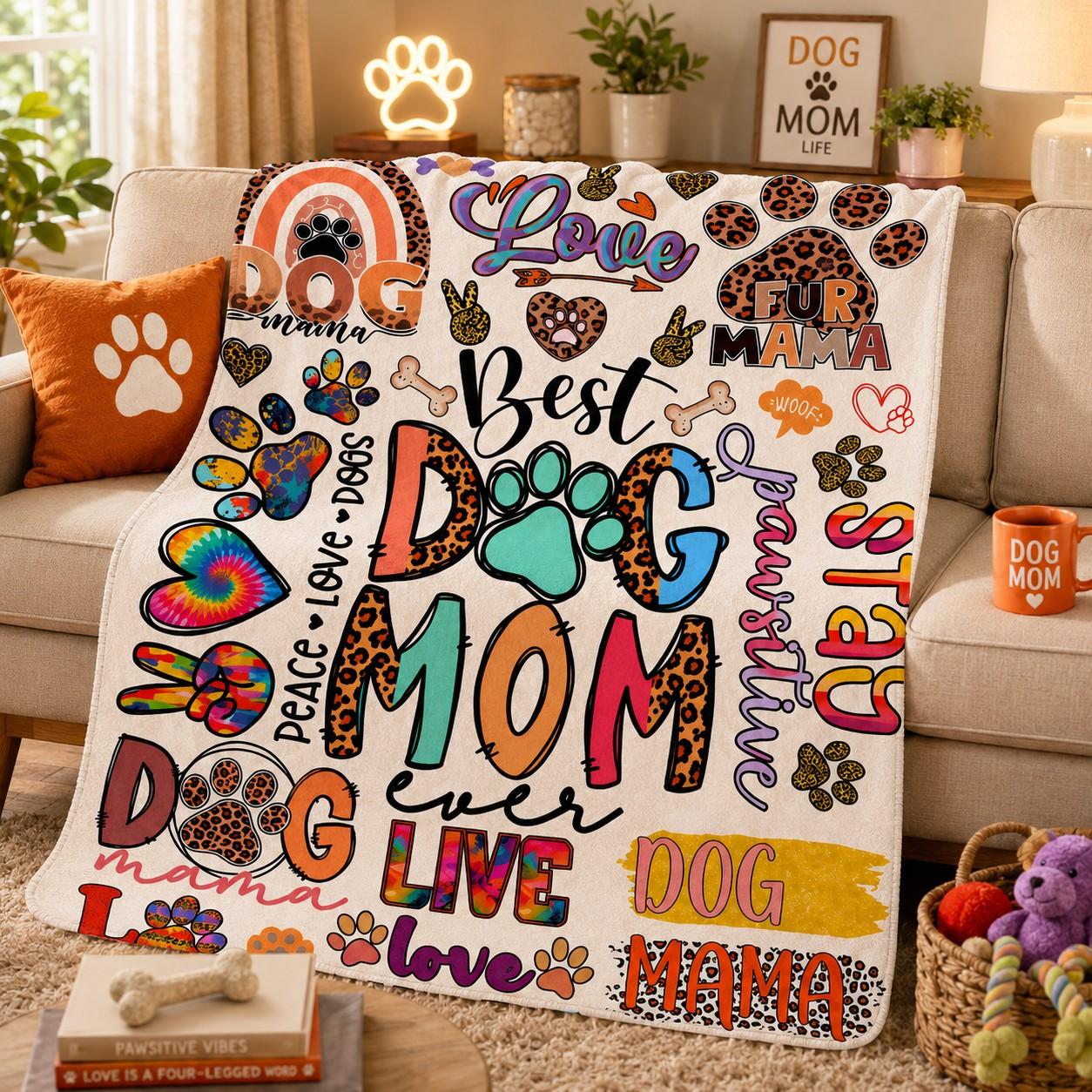 Dog Mom Flannel Blanket with Colorful Paw Prints, Soft Cozy Warm Fleece Throw, Graphic Throw Blanket, Cute Pet Lover Gift for Dog Moms and Animal Lovers, Soft Blankets