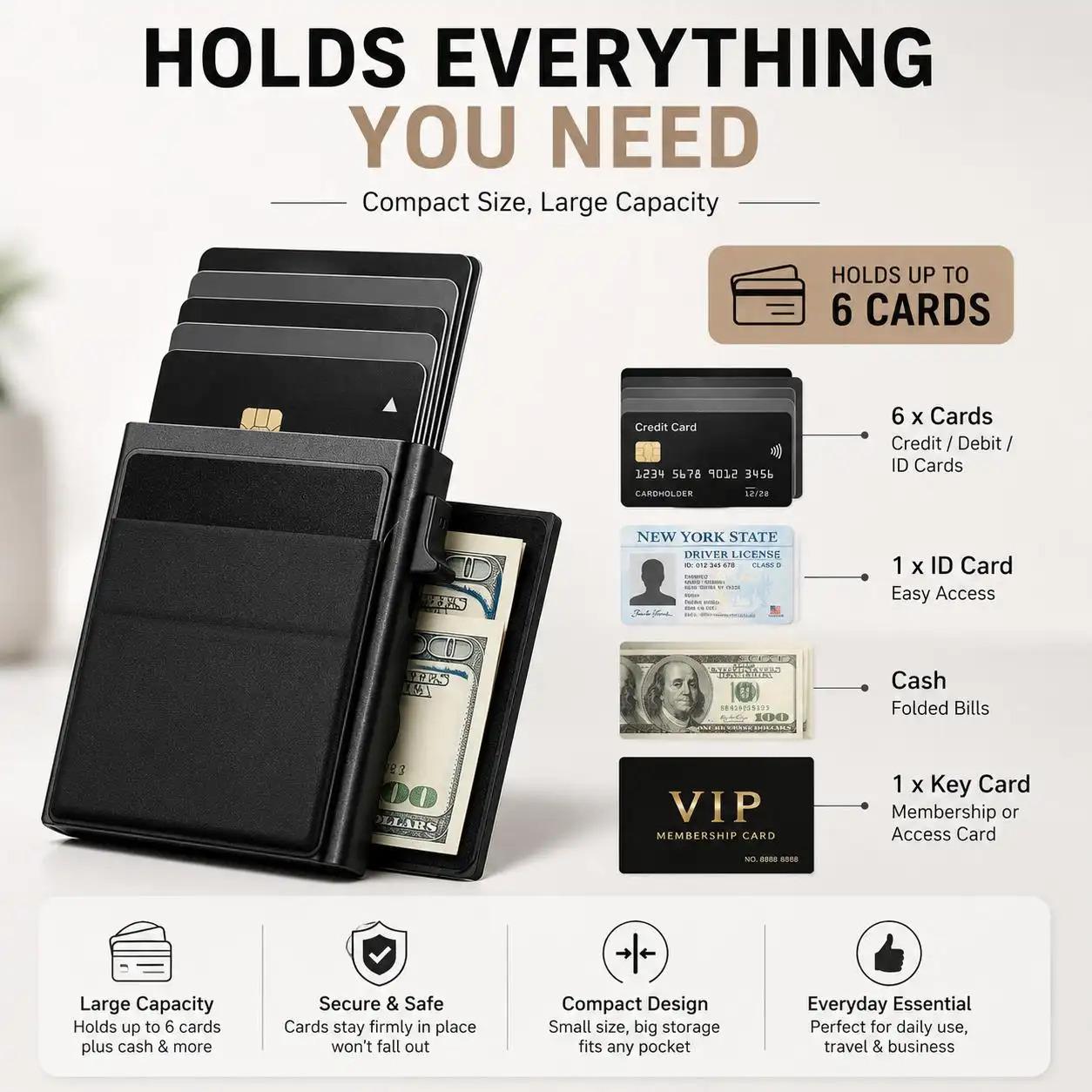 Pop Up Card Holder Wallet, Slim Minimalist Card Wallet with Cash Pocket, One Click Card Case Holds Up to 6 Cards, Front Pocket Wallet for Men & Women
