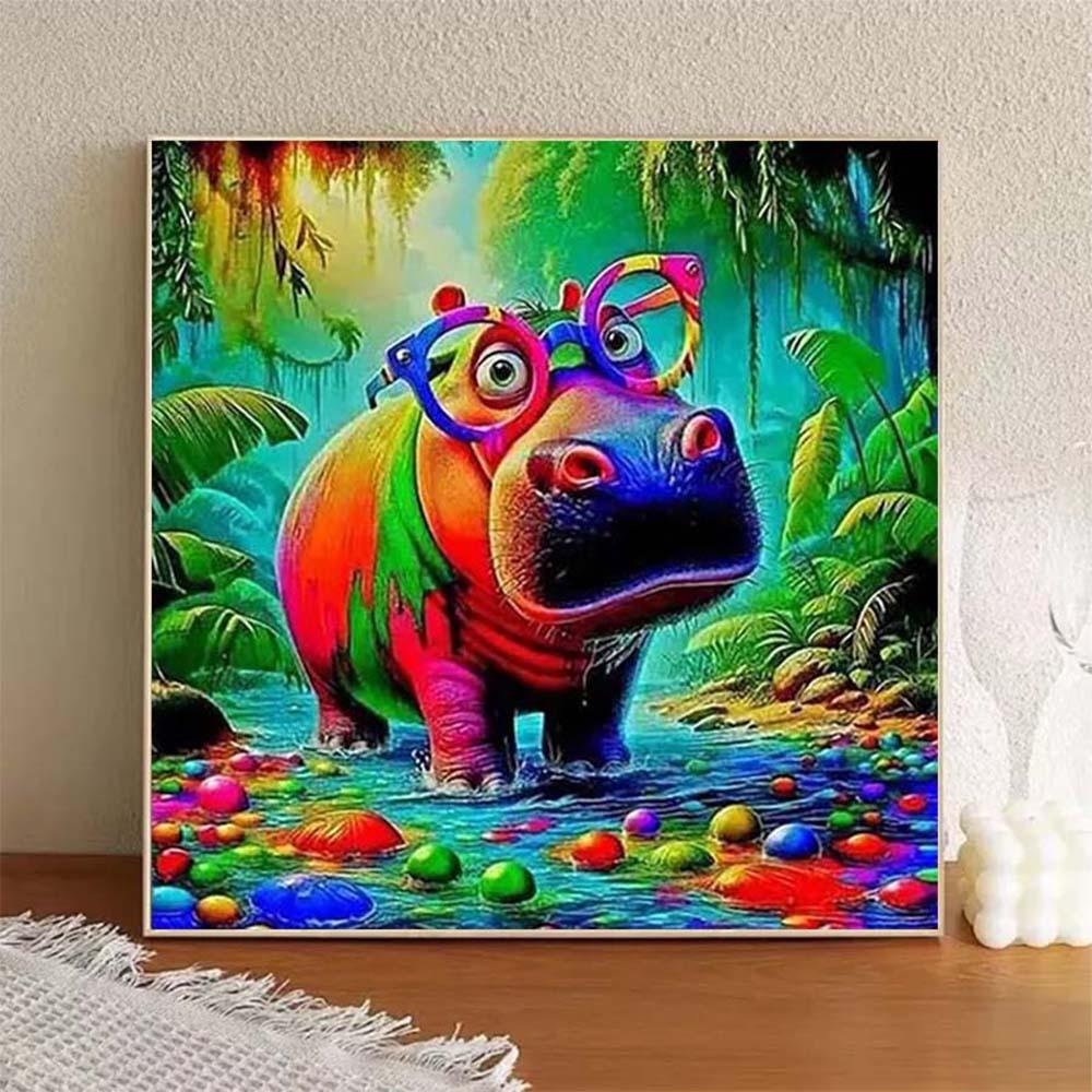 DIY 5D Flocking Cloth Diamond Painting Kit, AB Drill, Fairy Dust Drill, Crystal Drill, Hippo, Colorful, Tropical Diamond Embroidery, Special Craft Art Kit, Wall Decor, Gift for Family, Lover, Friends