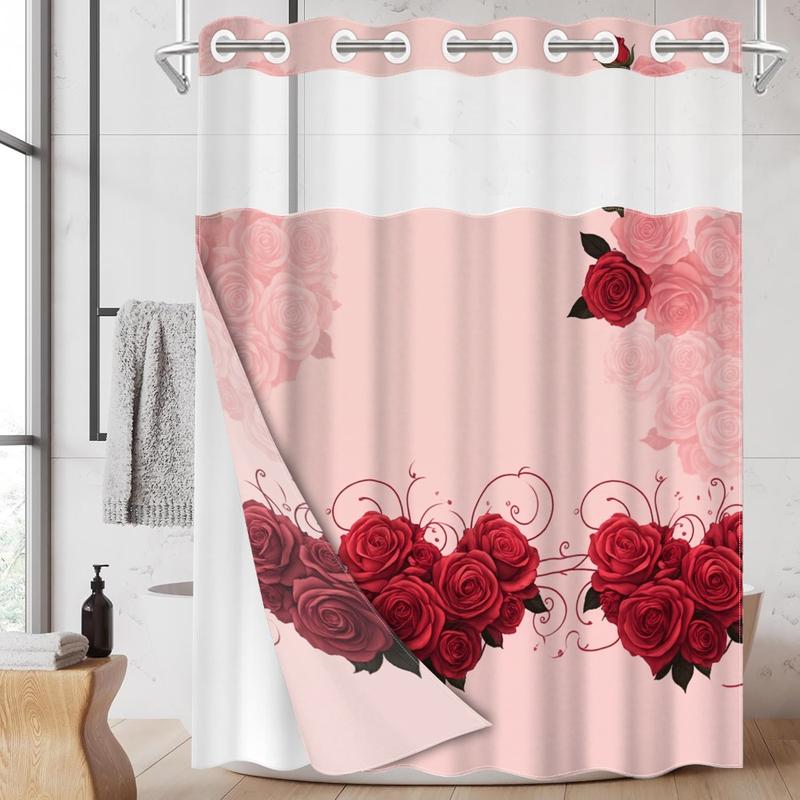 1pc hookless shower curtain with buckle lining, spring pink rose vine design, 2D flat printing, fabric waterproof lining, see-through double-layer shower curtain, 71 x 74 inches, modern home draping curtain, Shower Curtain Liner