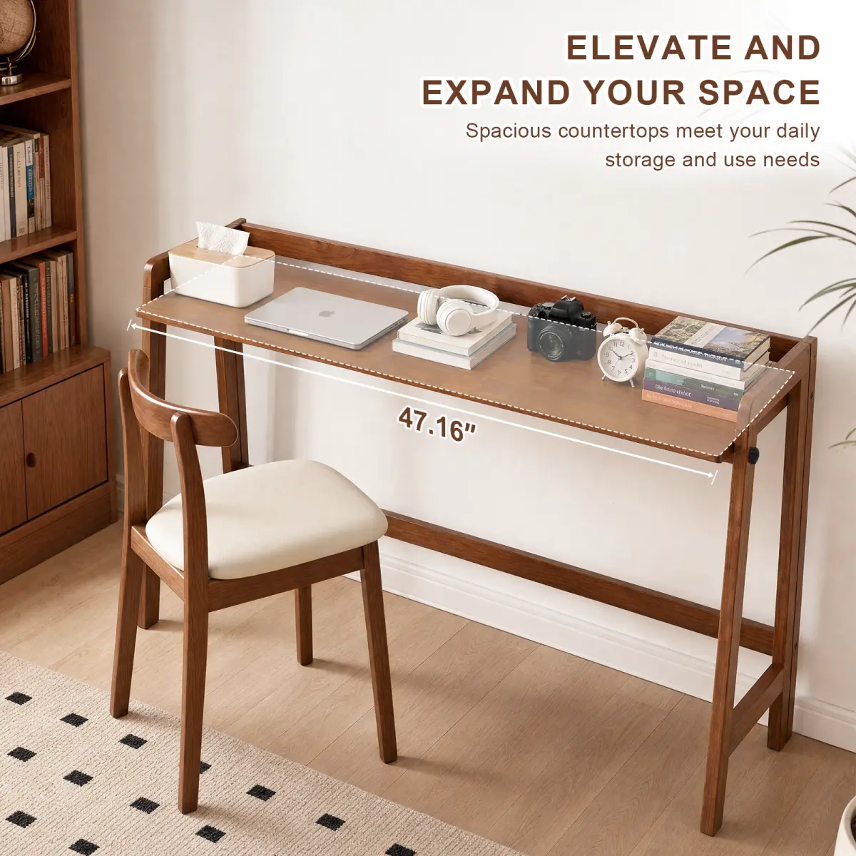 Solid Wood Folding Desk, 49'' Mid Century Modern Computer Desk, Simple Foldable Desk with Cable Groove, Space- Saving, Wooden Study Writing Desk for Home Office, Bedroom, Small Spaces, Walnut