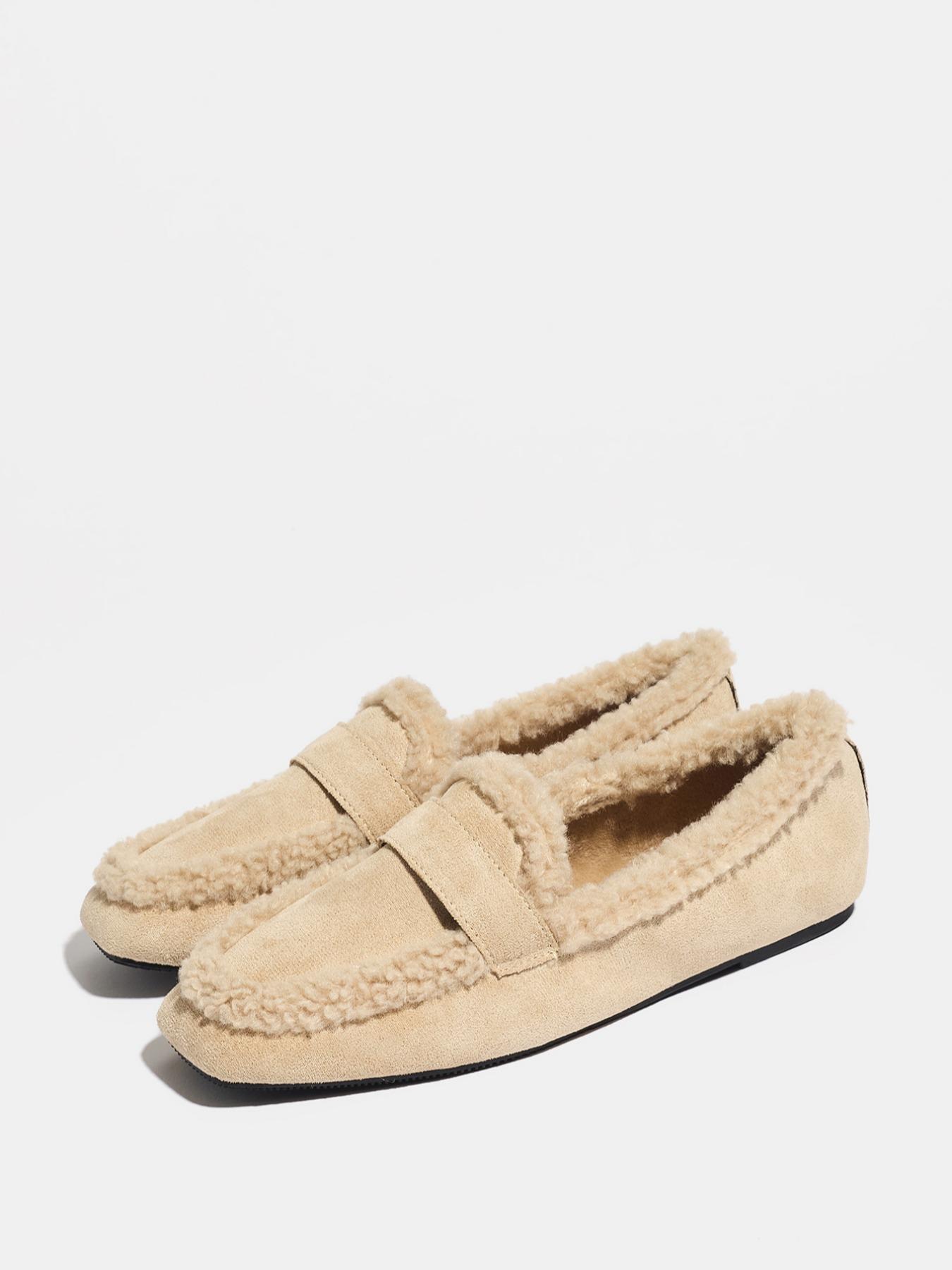 Women's Fall Winter PU Leather Casual Loafers, American Retro Style Furry Slip-On Shoes, Soft Rubber Sole, Warm & Comfortable Design