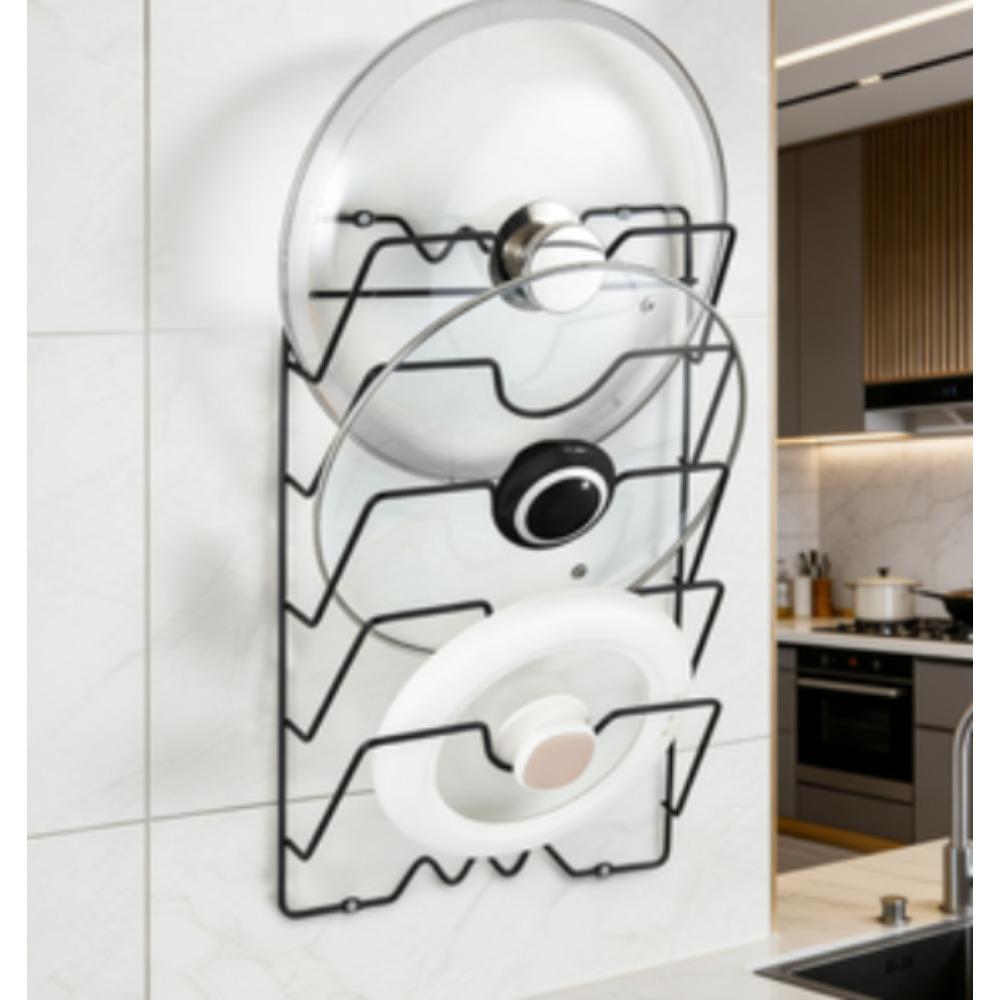 Sturdy hooks for hanging pot lids: a multi-layer wall-mounted storage solution suitable for pots and lids, a space-saving kitchen accessory, ideal for homes and restaurants.