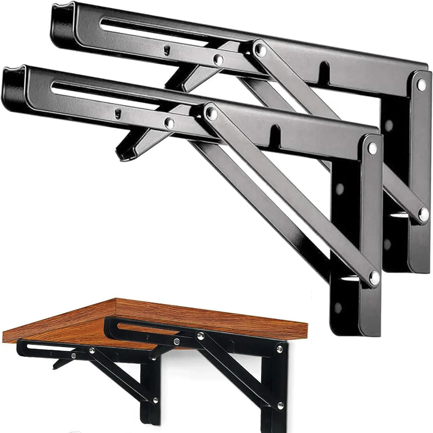 Folding Shelf Brackets - 14 Inch 2 count Heavy Duty Stainless Steel Collapsible Triangle Shelf Bracket, DIY Wall Mounted Folding Table Hinge, Space Saving for Bench Table with Screws (14Inch)