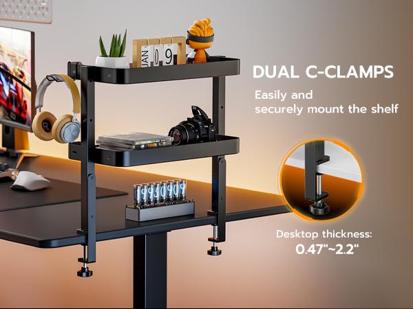 ARES WING 2-Tier Clamp On Desk Shelf, 16 inch Adjustable Above or Under Desk Storage Shelves Holds 44 lbs, Heavy Duty Desktop Organizer with Headphone Holder for Working and Gaming Accessories, Black