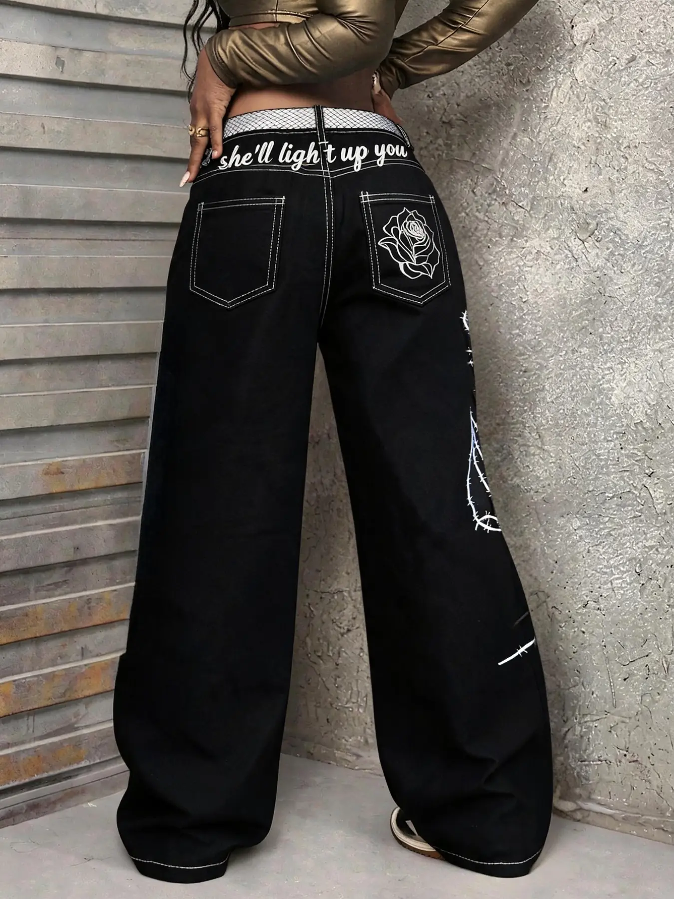 Y2K Grunge Baggy Jeans Women High Waisted Wide Leg Denim Pants Embroidered Rose Letter Thorn (Excluding belts and accessories)