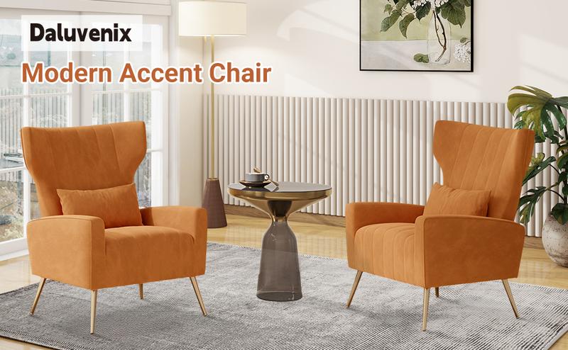 Velvet Accent Chair Wingback for Living Room, High Back Arm Chair with Golden Legs Lumbar Pillow, Upholstered Single Sofa Bedroom Beige