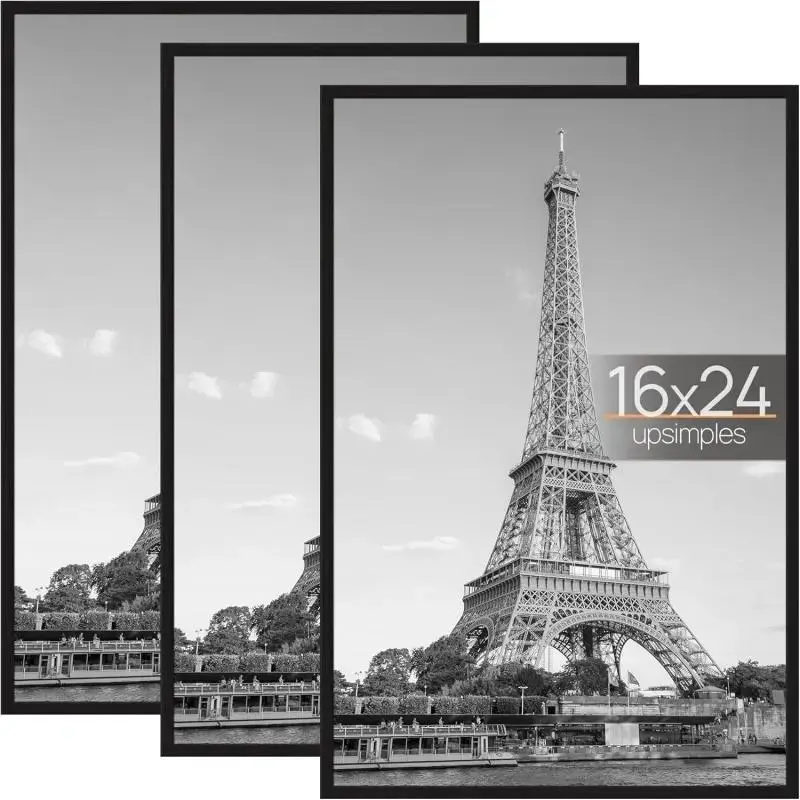 Upsimples 3-Pack 16x24-Safe Plastic Photo Frames - Durable Sturdy Frame, Black, Scratch-Proof, Lightweight, Easy Install, Slide-In Strips, Vertical or Horiz Wall Mounting, for Home Decor, Art Gallery Displays