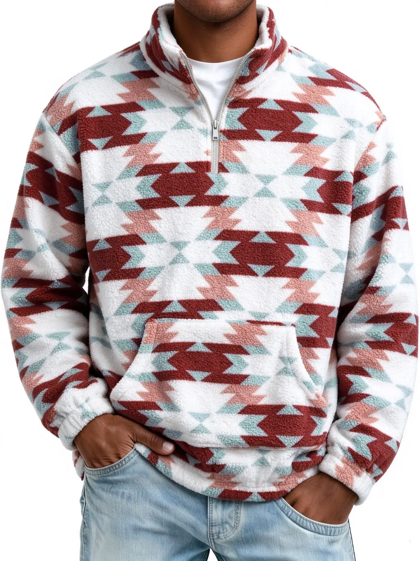 Men's Aztec Geometric Fleece Sweatshirt, Retro Western Christmas Style, 1/4 Zip Stand Collar, Kangaroo Pocket, Warm Loose Pullover
