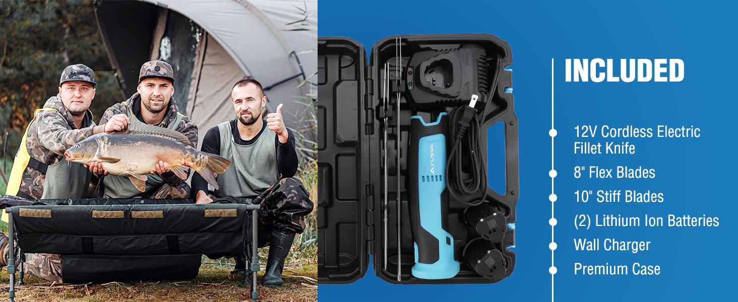 #LaborDay FLISSA Cordless Electric Fillet Knife for Fish with 8" and 10" Stainless Steel Blades, Rechargeable Electric Knife with Non-Slip Handle, 2 Packs Long Lasting Lithium-ion Battery, Portable Carry Case