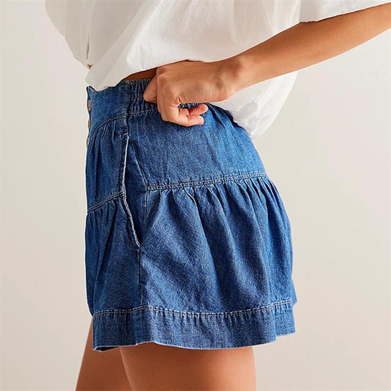 utcoco 2026 Womenswear summer high waist denim shorts casual elastic waist wide leg button shorts pleated ruffle denim shorts Bottom jean shorts SpringStatements utcoco 2026 Womenswear summer high waist denim shorts casual elastic waist wide leg button shorts pleated ruffle denim shorts Bottom jean shorts SpringStatements