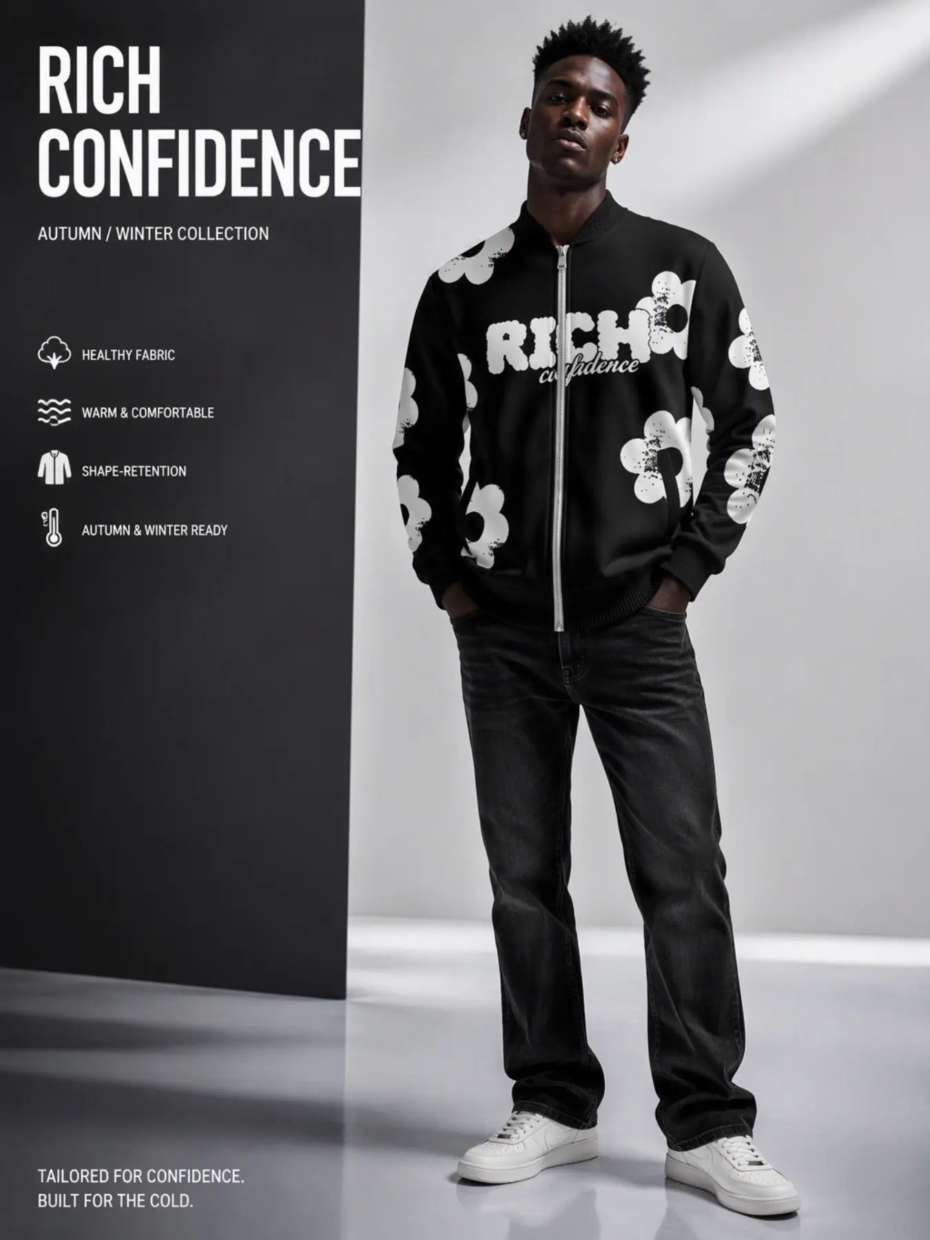 Men's Floral Daisy Pattern Full Zip Bomber Jacket, Vintage Print Baseball Neck Sporty Jacket, Streetwear Fall Winter Coat
