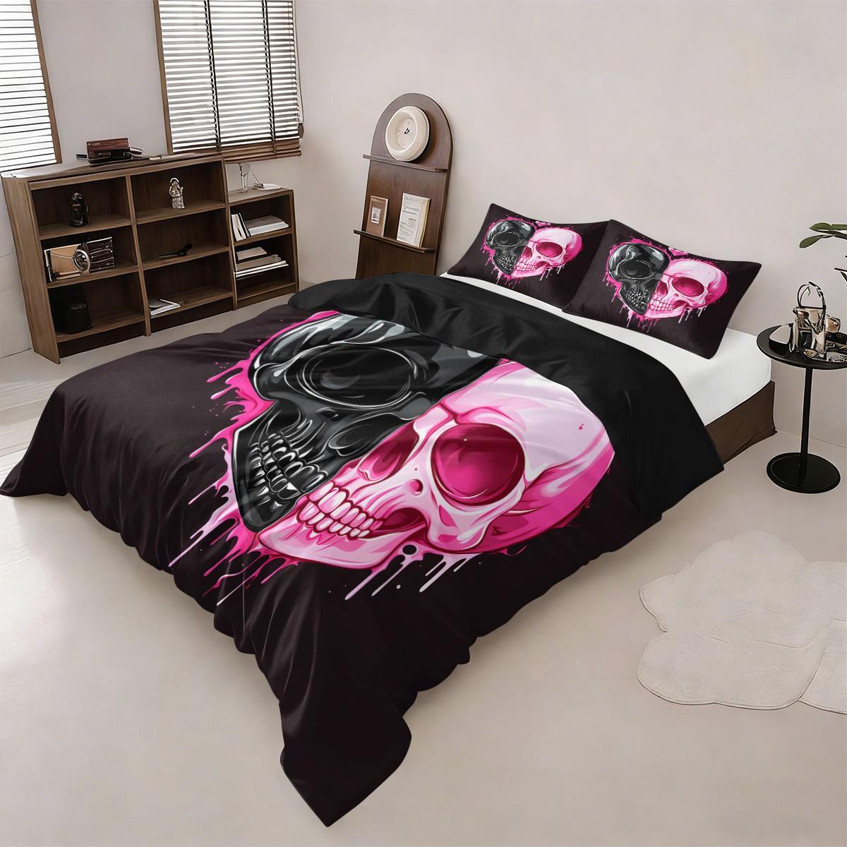 3pc Black and pink patchwork skull bedding Set, Decorative bedding set, including 1 duvet cover and 2 pillowcases, suitable for single and double beds, with multiple sizes available, ideal for bedrooms, dormitories, hotel apartments