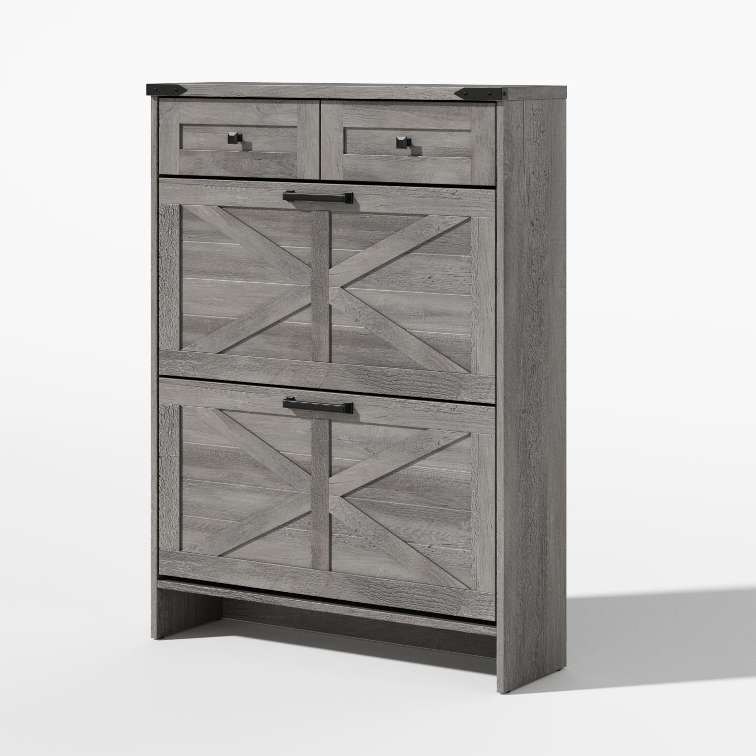 Farmhouse Shoe Storage Cabinet with 2 Hidden Flip Drawers & 2 Drawers – Narrow Freestanding Shoe Rack Organizer with Adjustable Shelves for Entryway