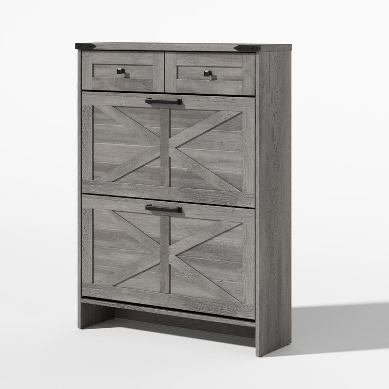 Farmhouse Shoe Storage Cabinet with 2 Hidden Flip Drawers & 2 Drawers – Narrow Freestanding Shoe Rack Organizer with Adjustable Shelves for Entryway Farmhouse Shoe Storage Cabinet with 2 Hidden Flip Drawers & 2 Drawers – Narrow Freestanding Shoe Rack Organizer with Adjustable Shelves for Entryway