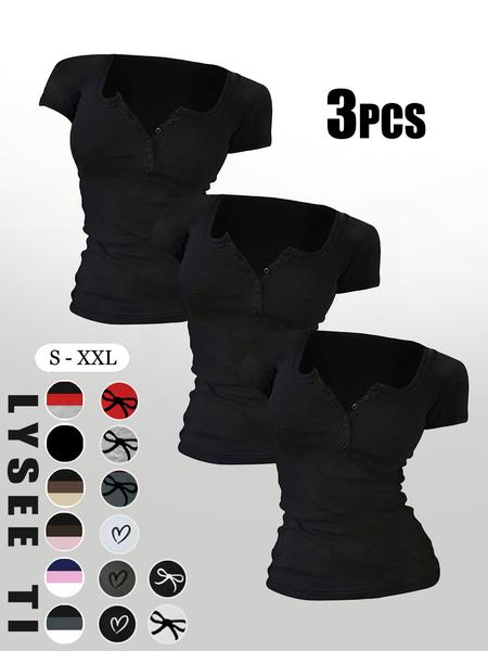 Women's Solid Button Round Neck Tee, Casual Short Sleeve T-shirt for Daily Wear, Ladies Clothes for All Seasons