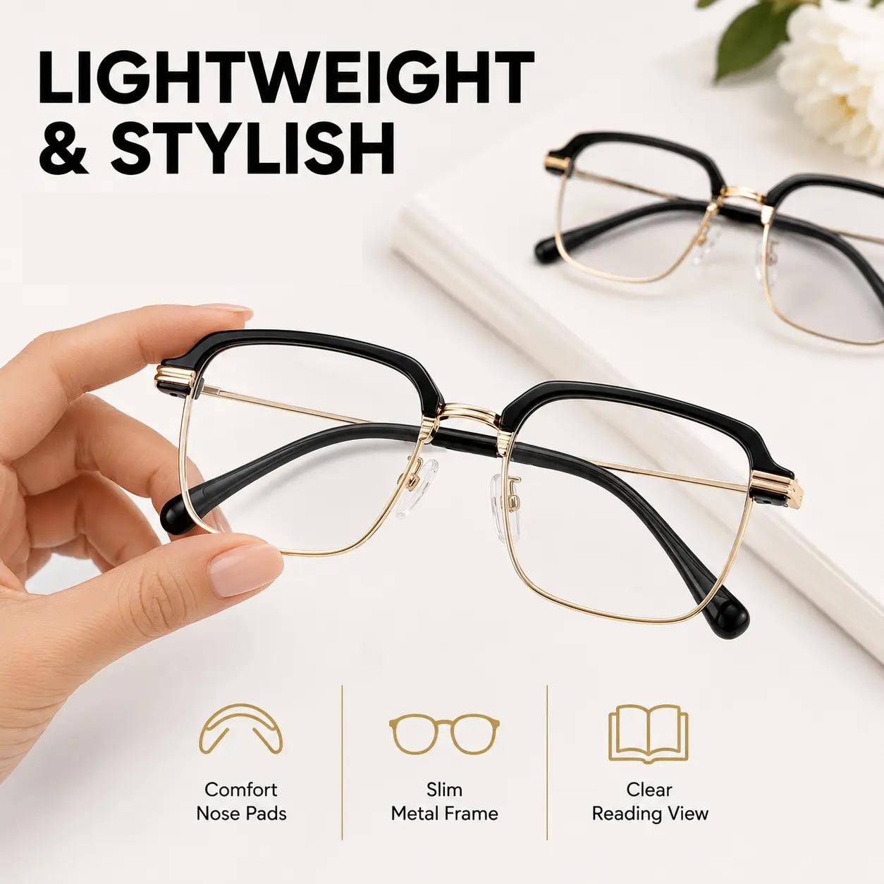Photochromic Reading Glasses & 0.00 Non-Prescription Glasses, Anti-Blue Light UV Protection Eyeglasses for Men and Women, Lightweight Black Gold Frame