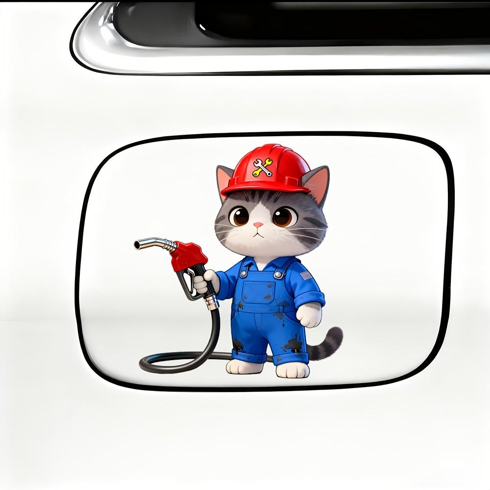 Car Sticker, Cat Design Fuel Tank Decal, PVC Self-Adhesive Removable Waterproof, Car Decoration, Blue Hat Cap Cat, Auto Accessories