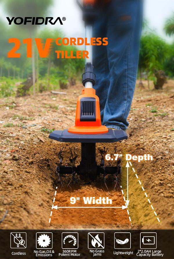 Product Introduction of Yofidra 21V Cordless Tiller Cultivator 360RPM Electric Garden Tool with Ergonomic Handle & Adjustable Handle for Lawn Gardening Soil Cultivation lawn equipment Blades Cutting 0
