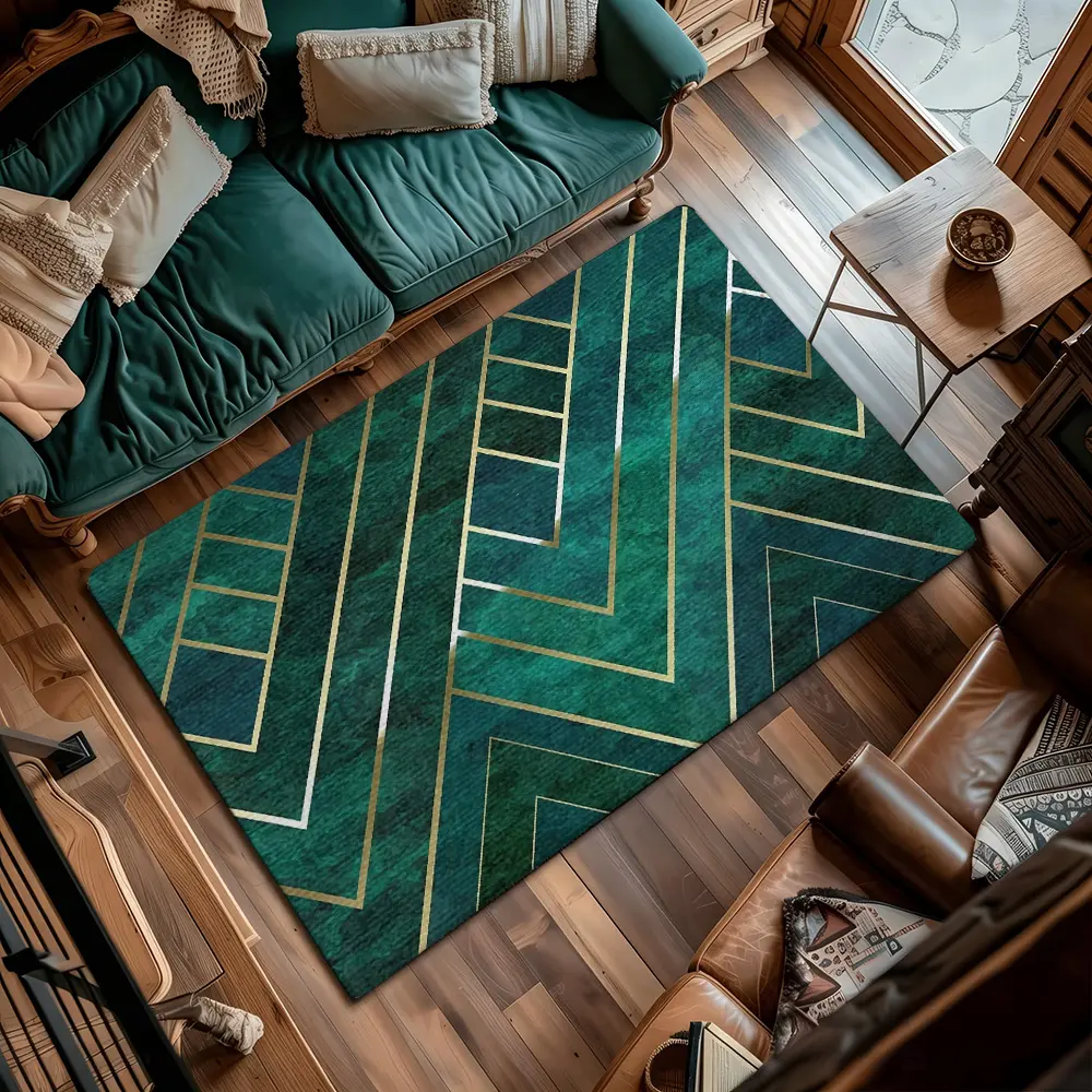Emerald‑Green Gold‑Line Geometric Chevron Flannel Rug #ChevronGeometricRug #GoldThinLineMat #FlannelCarpet #ModernLuxuryHomeDecor