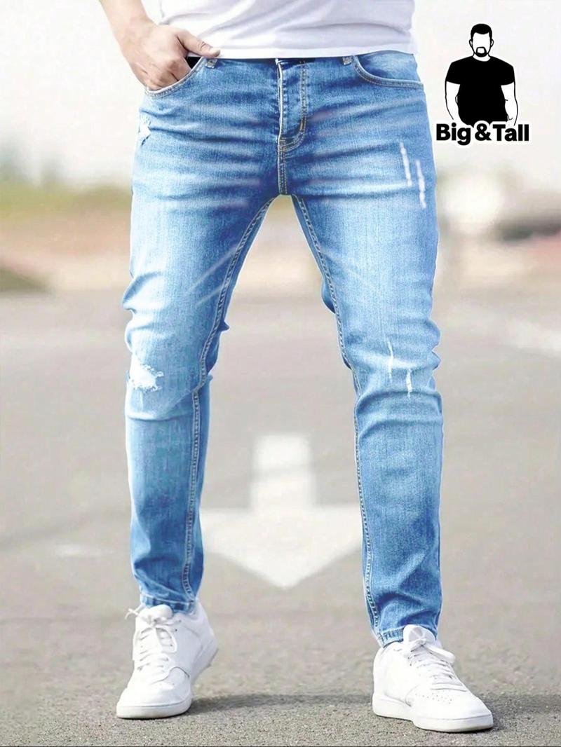 Big & Tall Men's Street-Style Light Blue Ripped Slim-Fit Jeans. Classic fit combined with simple street-style rips, offering casual yet fashionable vibes, perfect for men's daily wear and casual outings.