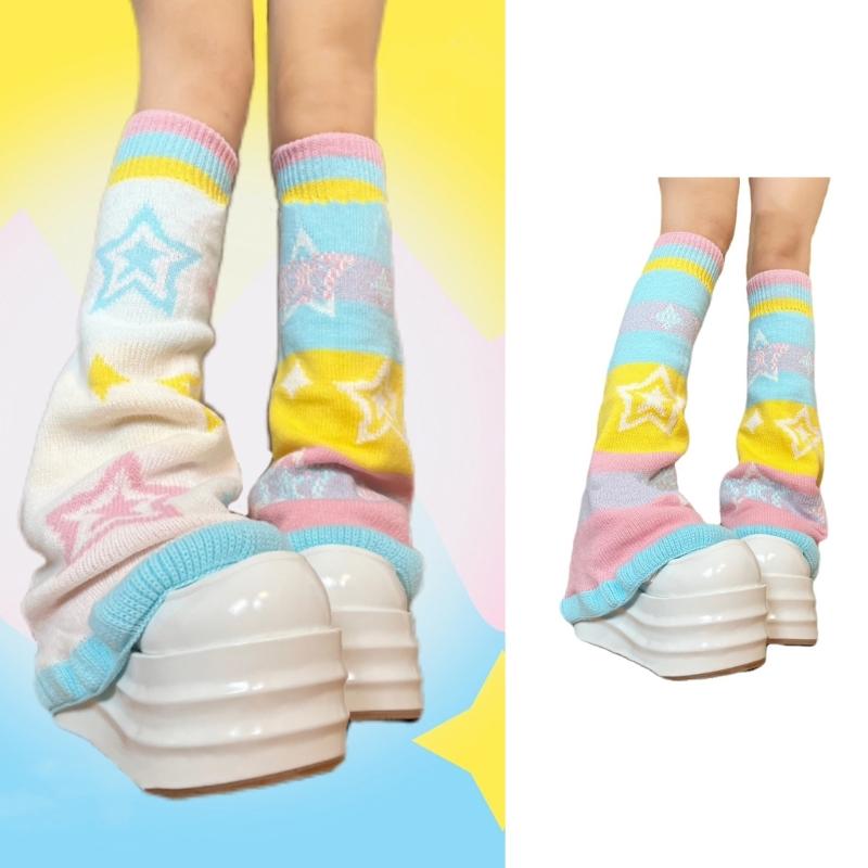 Women Girls Candy Color Rainbow Flared Leg Warmers Sweet Star Pattern Aesthetic Knitted Footless Covers Socks for Adults Teens