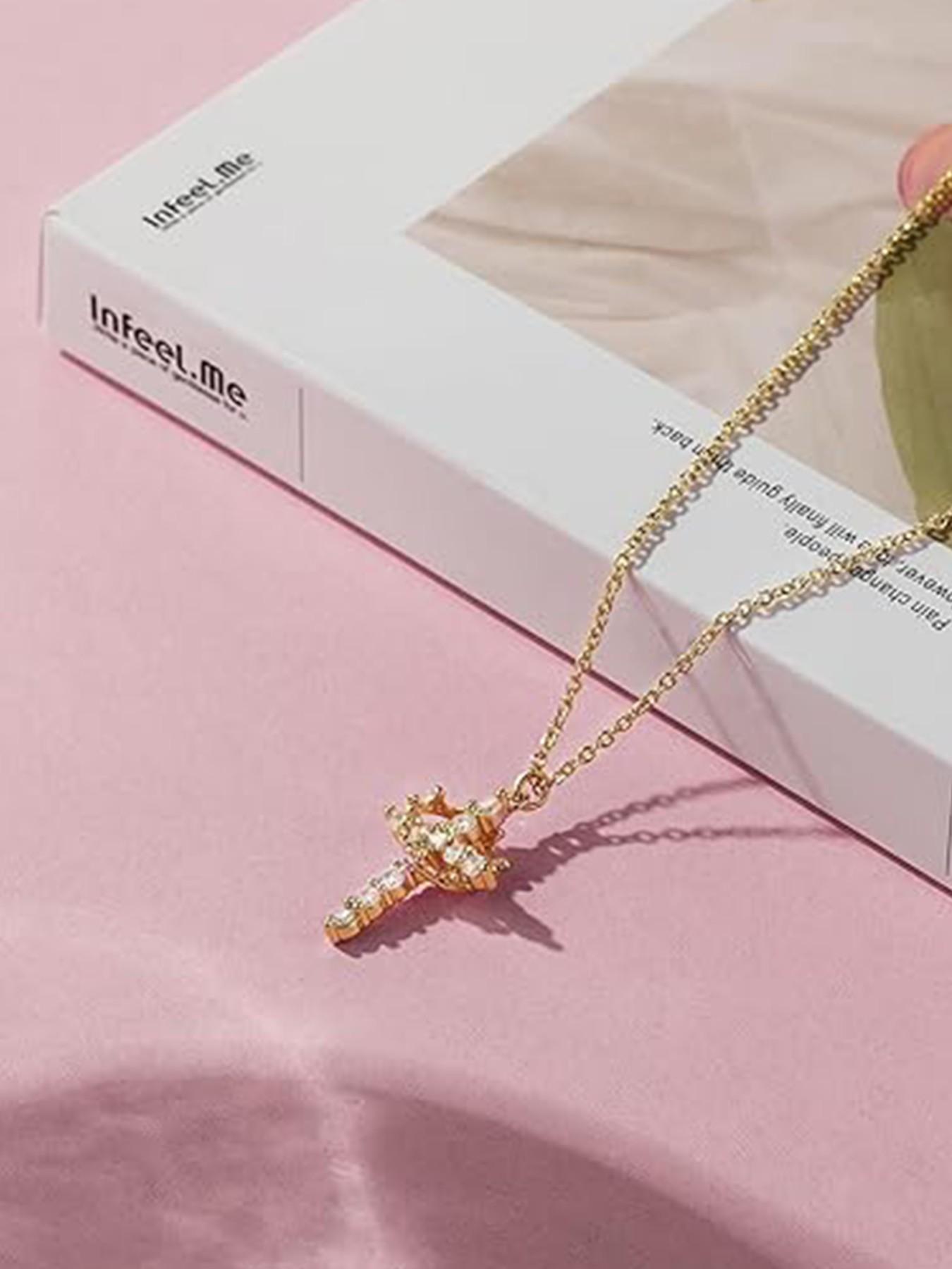 Women's Crown Cross Necklace, Christian Faith Jewelry Gift, Elegant Plain Design, Alloy Chain, All Seasons Wear, No Choking Hazard