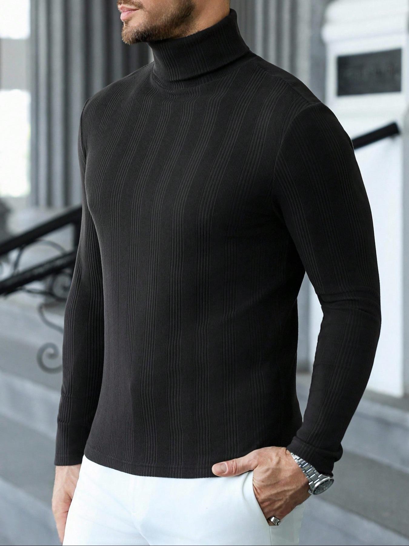Men's Long Sleeve Knitted High Neck Pullover, Slim Fit Casual Solid Color Underwear, Perfect for Autumn Winter Street Style, Knitted Ribbed Turtleneck