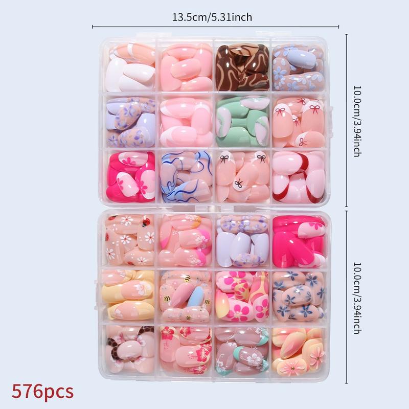 576pcs Short Oval Floral Print Fake Nails Set, Heart Bow Stripe Design, Glossy Finish, Reusable Press-On Nails for Women Girls