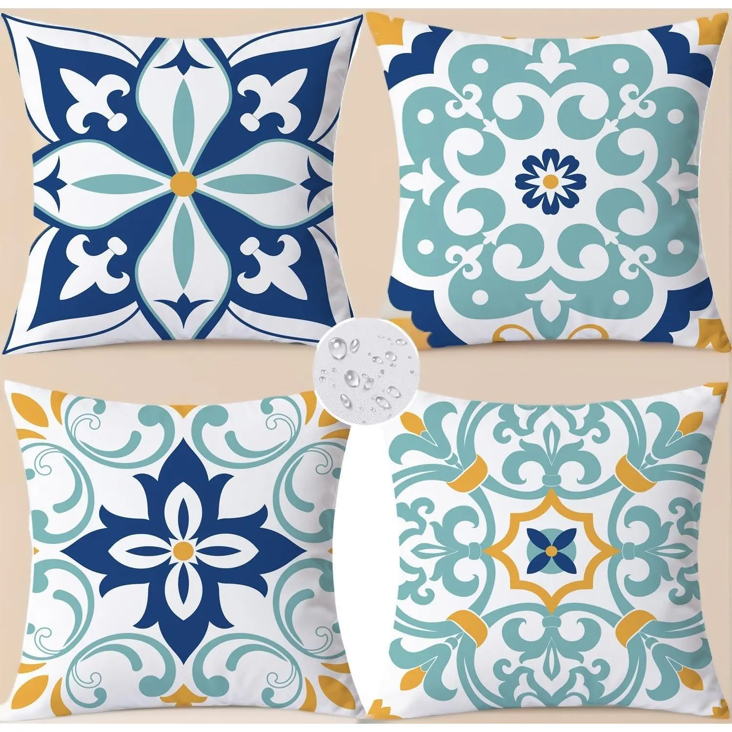 4-Pack 20x20 in Outdoor Waterproof Throw Pillow Covers, Boho Floral Square Pillow Cases for Patio Garden, Sunbrella Compatible Outdoor Decor, Square Pillows