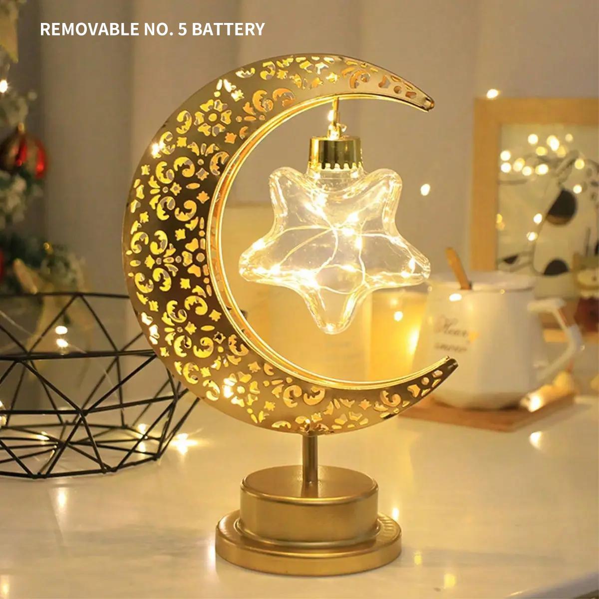 LED Iron Moon & Star Night Light, Ramadan Festival Decoration Bedroom Table Lamp, Atmosphere Light, Home Cozy Decor, Mood Decorative Lights, Starry Night Light