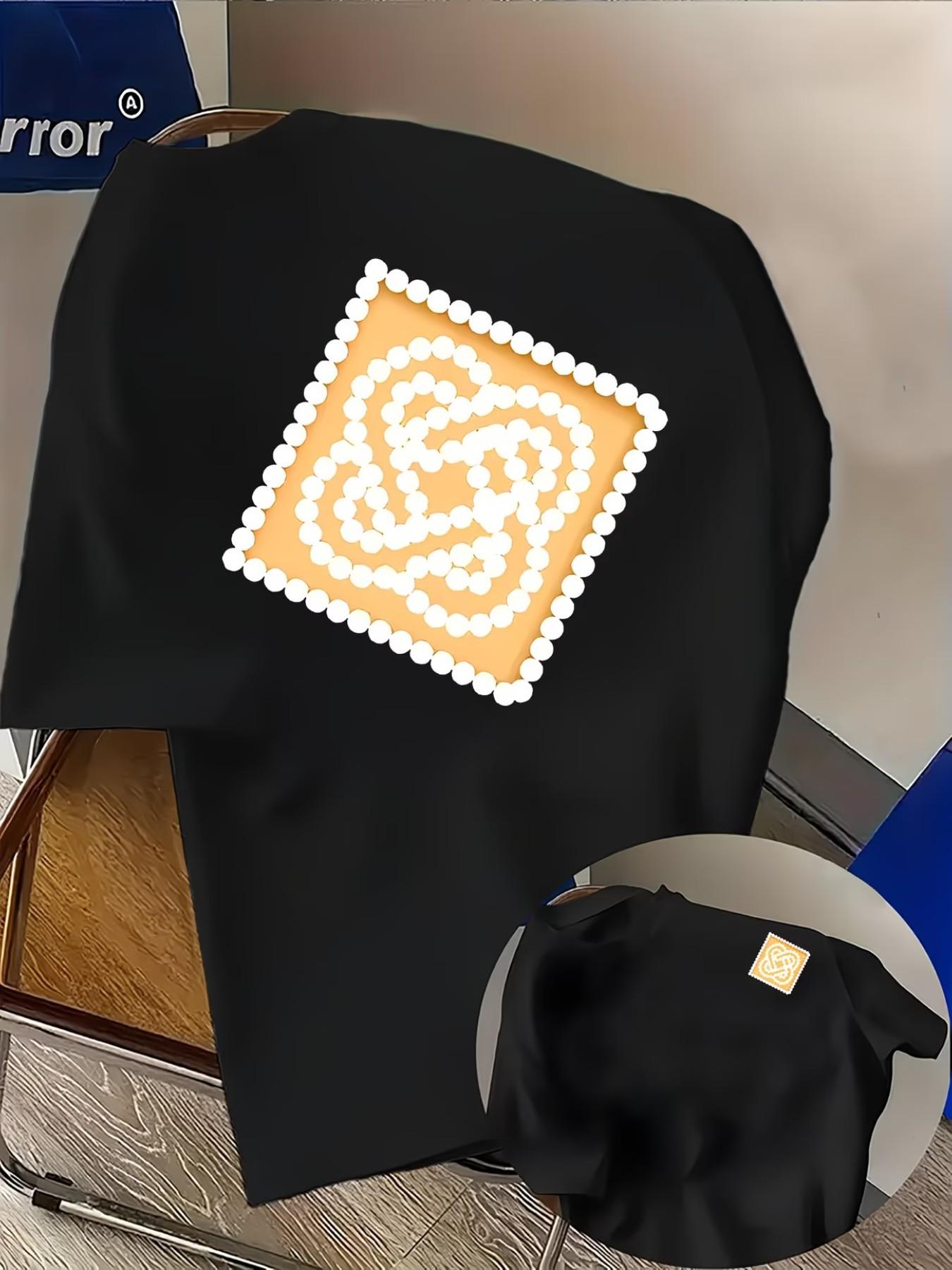 Men's Casual T-Shirt with Casablanca Letter Print, Fashion Double-Sided Graphic Tee, Round Neck, Comfortable Polyester, Streetwear