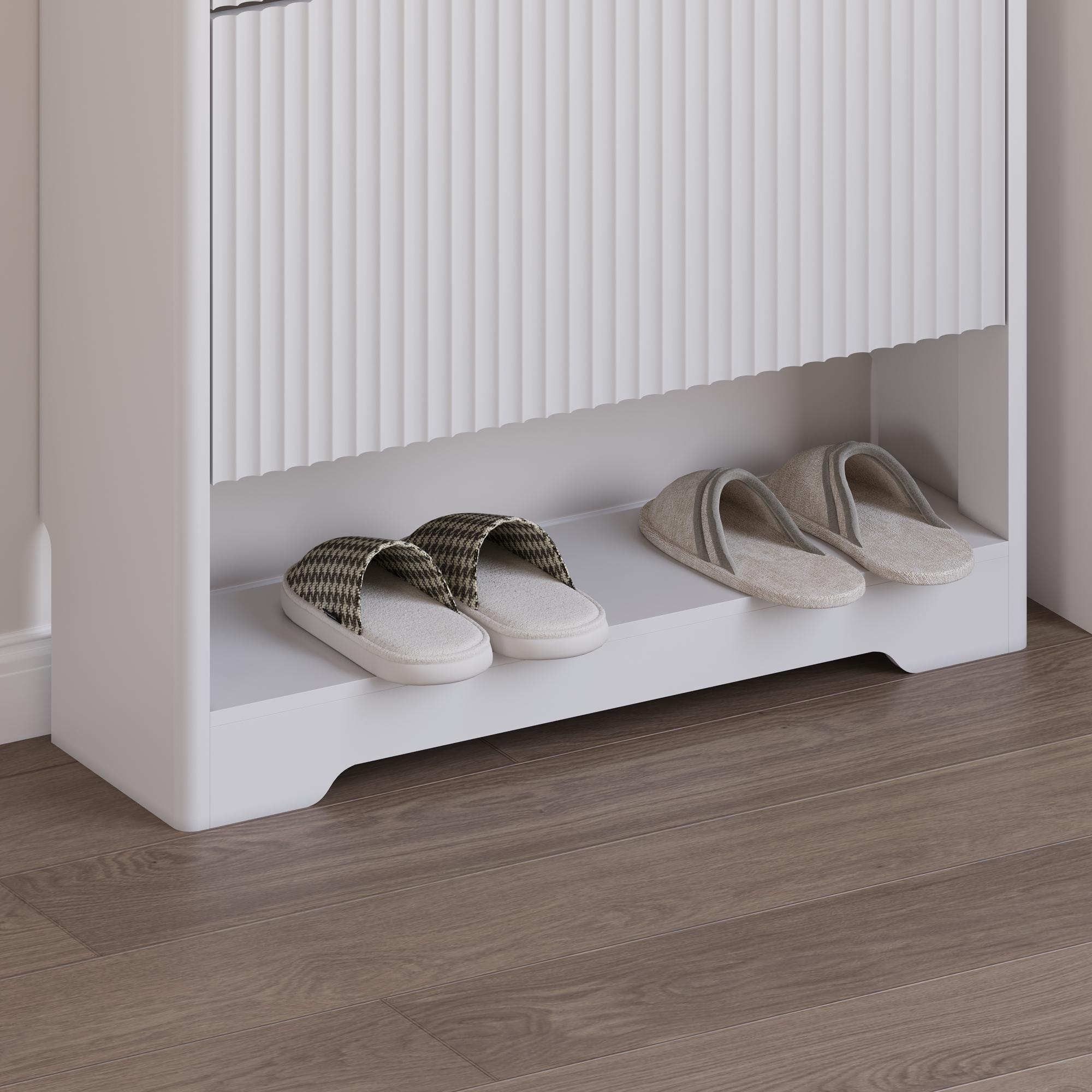 Shoe Cabinet Storage for Entryway with 2 Flip Drawers, Black Fluted Shoe Cabinet with Open Storage, Wooden Hidden Shoe Rack Freestanding Narrow Slim Shoes Organizer for Hallway, Entrance