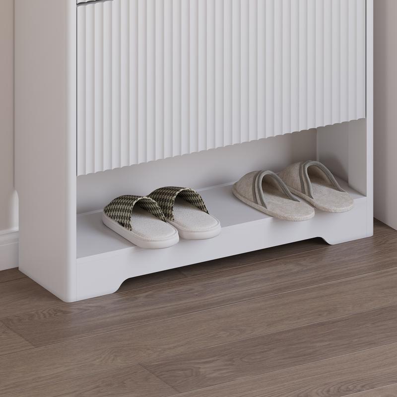 Shoe Cabinet Storage for Entryway with 2 Flip Drawers, Black Fluted Shoe Cabinet with Open Storage, Wooden Hidden Shoe Rack Freestanding Narrow Slim Shoes Organizer for Hallway, Entrance