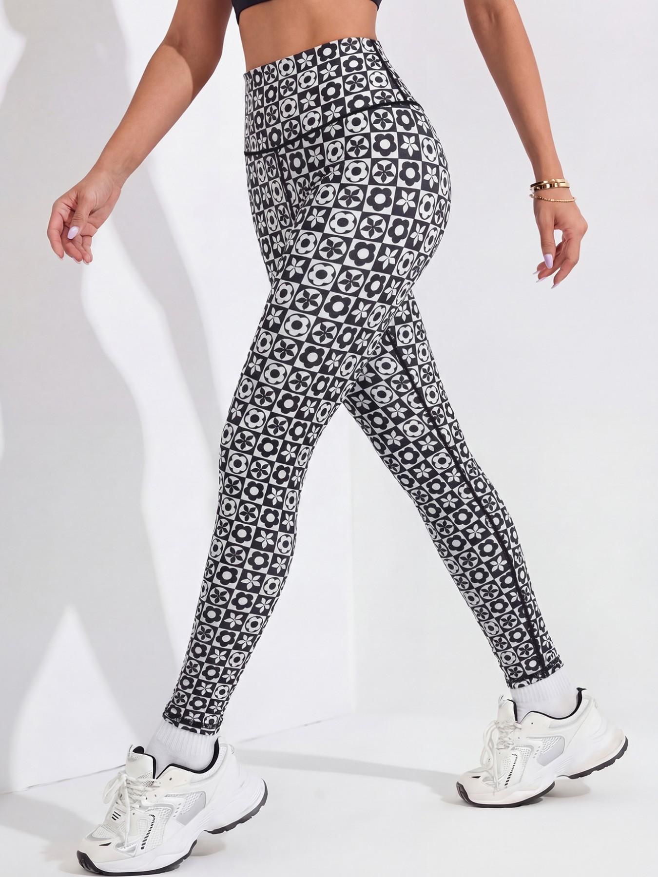 Women's High Waist Plaid Yoga Pants, Floral Printed Workout Leggings, High Stretch Tummy Control Fitness Pants for All Seasons