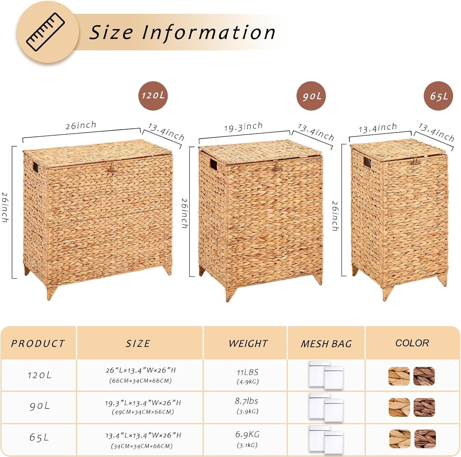Handwoven Laundry Hamper with Lid, Natural Water Hyacinth Heightened Feet Laundry Basket, Wicker Clothes Hamper with Removable Liner Bag, Clothes storage, Handmade Laundry (229)