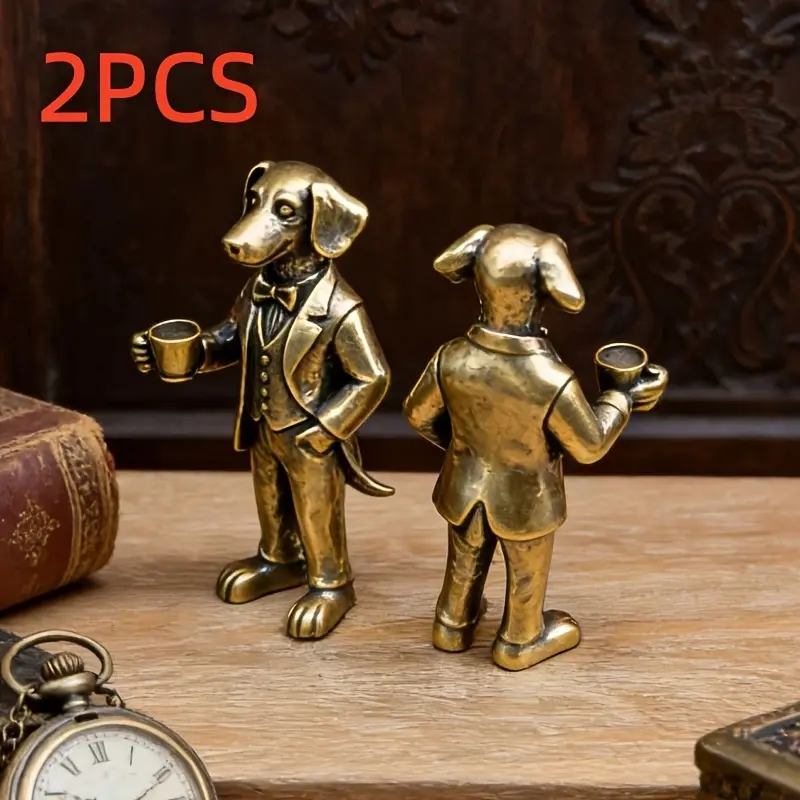 Collectible Figurines ，Vintage Brass Suit Dog Figurine - Anime-Themed Sitting Poodle Statue with Suit & Tail, Collectible Desk Decor for Office, Brass Sculpture for Animal Lovers Gift, Metal Puppy Decoration for Coffee Table or Bookshelf