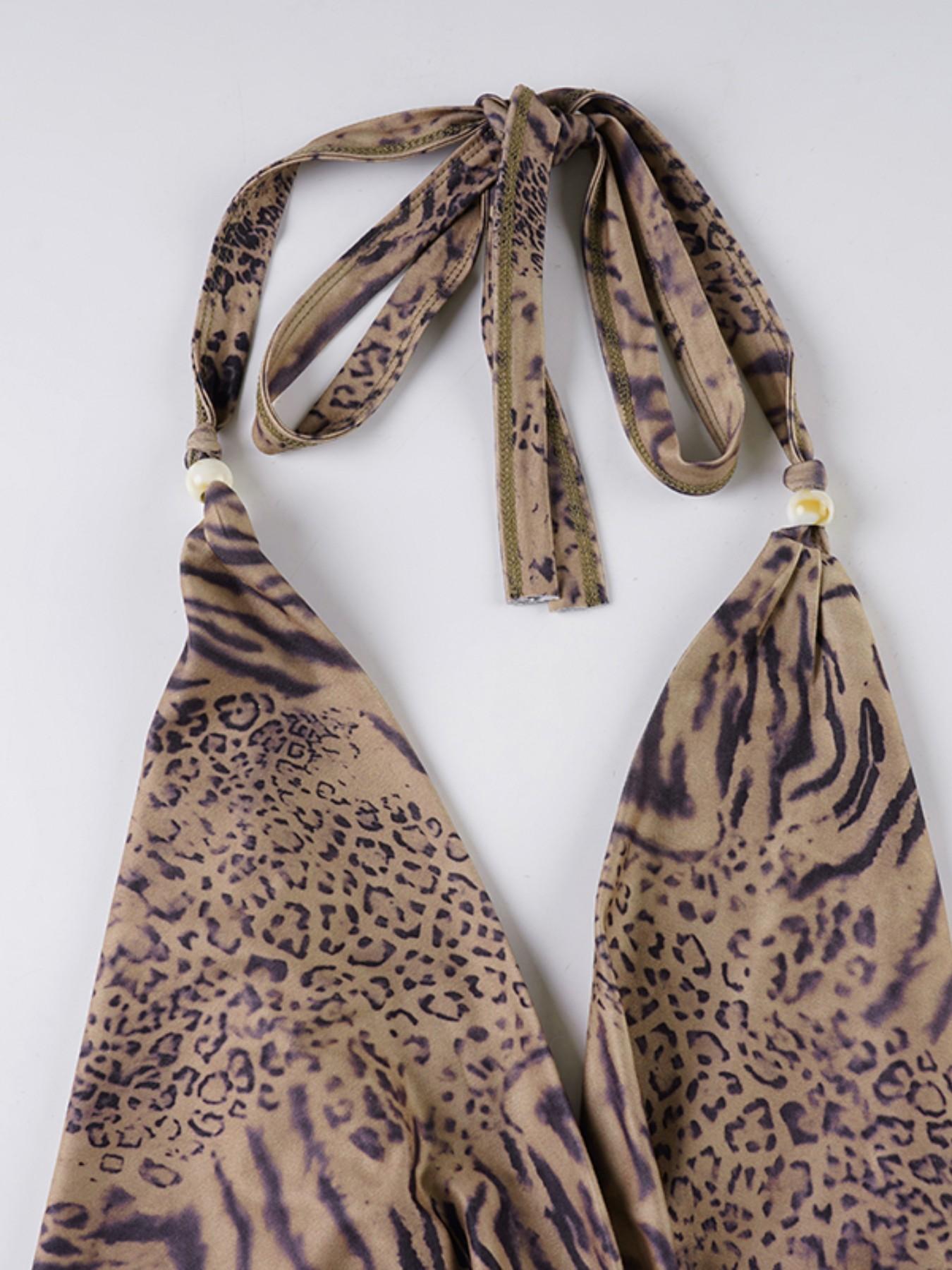 Women Leopard Print Sleeveless Backless Halter Top & Short Pants Set, Casual Fashion Set, Sexy Tie Back Design, Slim-Fitting, Drop Waist, Two-Piece