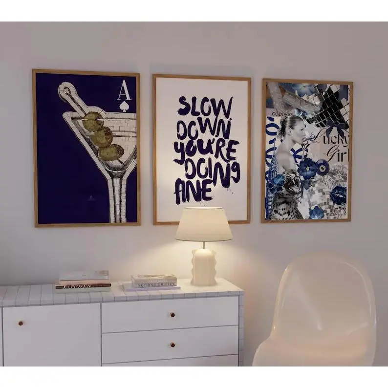 3-Piece Blue Fashion Wall Art Set, Cocktail, Glamour Collage and Motivational Quote Posters for Bedroom, Dressing Room, Bar Area or Modern Decor
