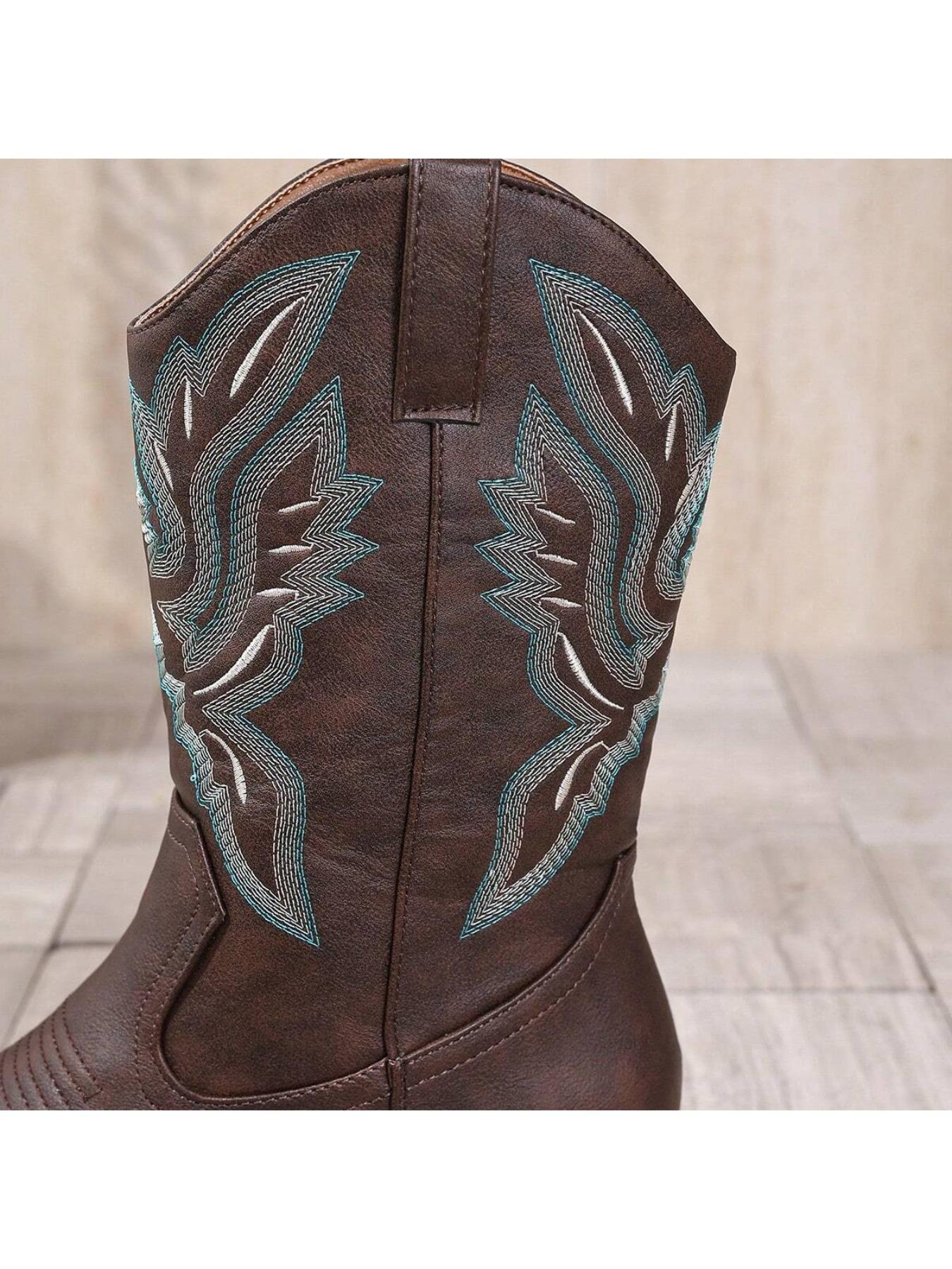 Women's Coffee Embroidered Square Toe Cowboy Boots, Mid-Calf Western Boot, Slip-On, Thick Heel, Ethnic Style, Winter Footwear