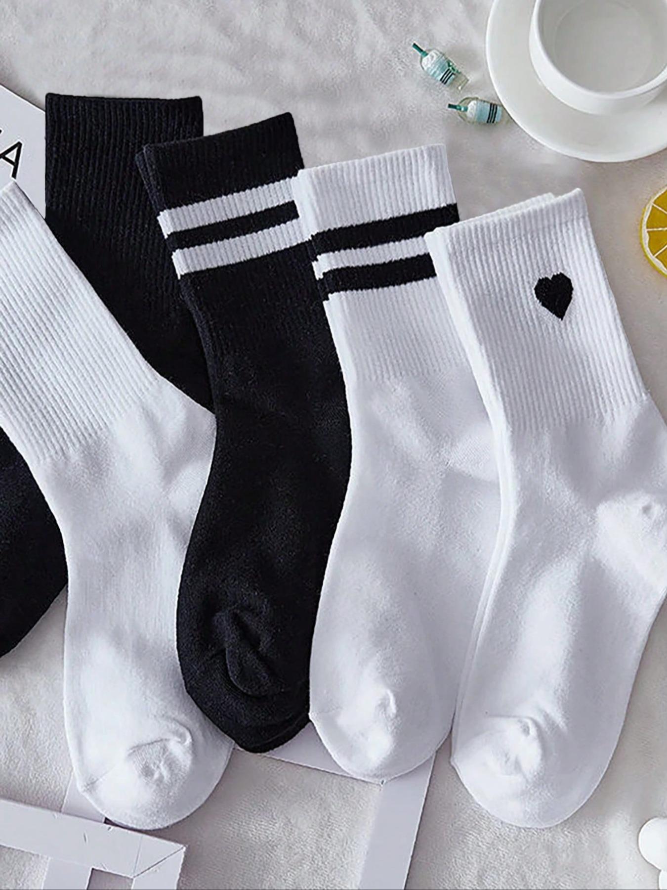Women's Mid-Calf Socks, Striped Solid Color Heart Print Everyday Casual Sports Socks, Teenage College Style Long Socks, Comfortable Soft, All Seasons, Fit, Socks For Everyday Wear, Cozy Socks