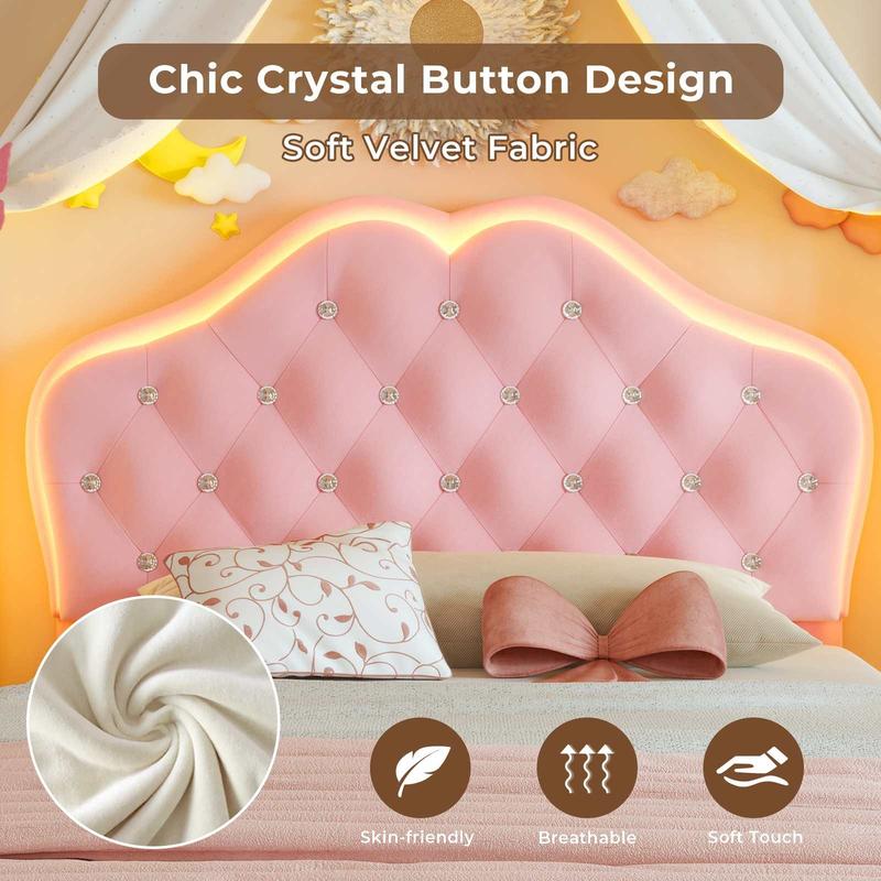 Sikaic Twin Size Velvet Princess Platform LED Bed with Storage Drawers and Adjustable Crystal Button Headboard Pink Comfortable Nursery Design Cute Bedroom