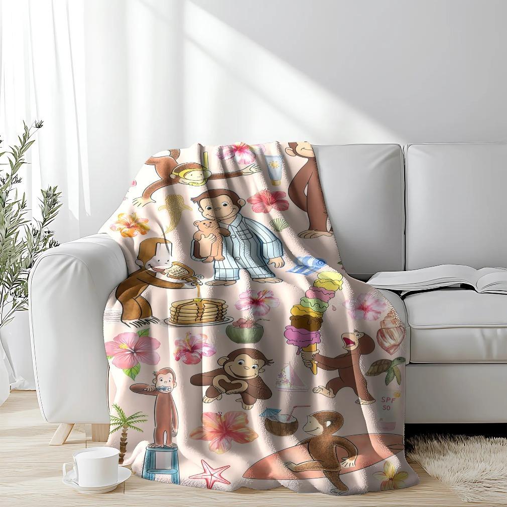 Curious George Printed Scenes Fleece Blanket - Tropical & Pajama Collage, Beach Surf Adventure Design, Plush Kids Throw for Children Rooms, Cozy Nook Kid Snuggles