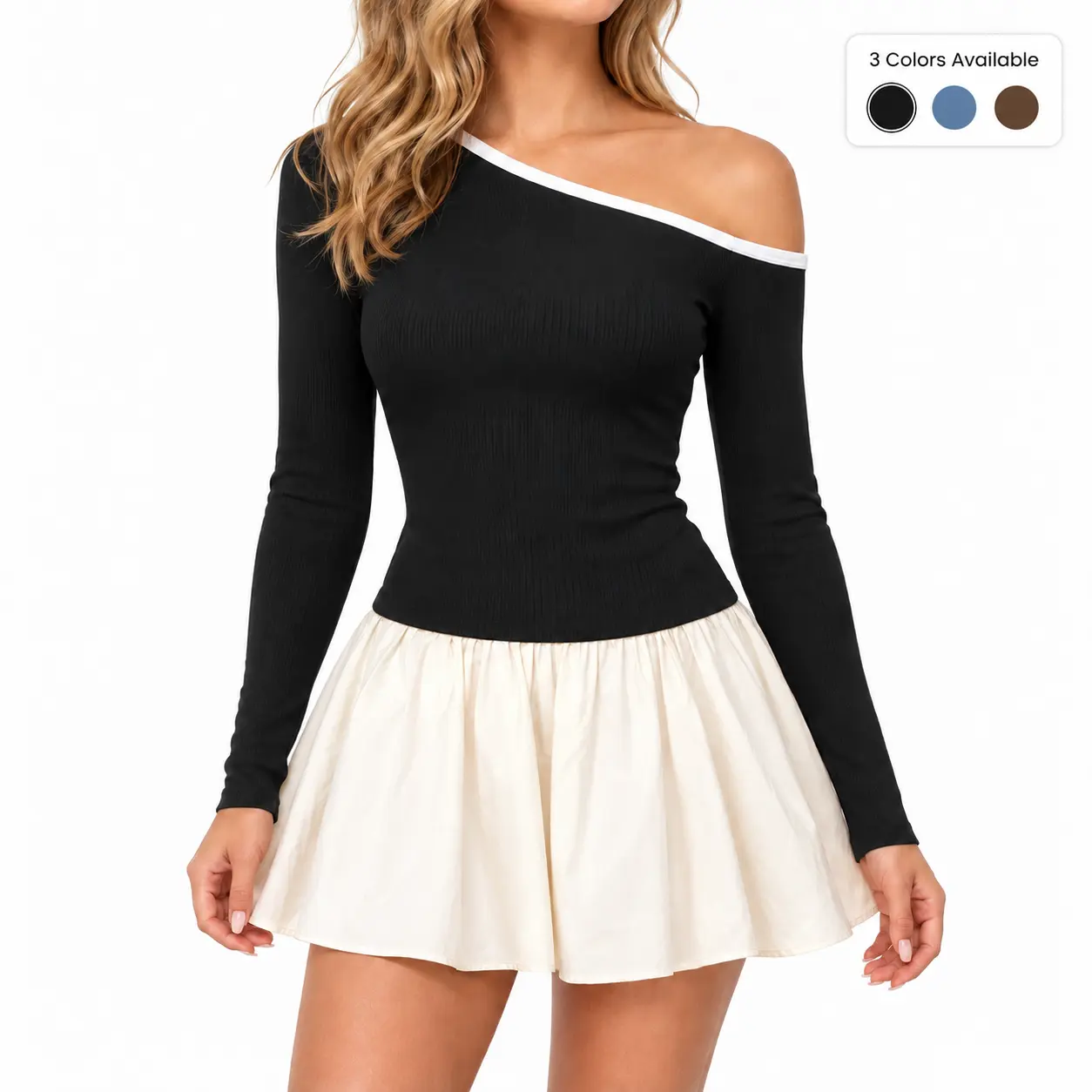 Women’s Asymmetrical Off Shoulder Skirt Set, Long Sleeve Ribbed Fitted Top & Gathered Flared Mini Skirt, 2 Piece Matching Outfit, Casual Chic Going Out Date Night Fall Y2K Style